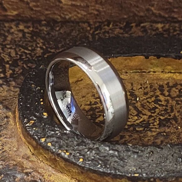 Engraved Men's Real Two Tone Silver Tungsten Wedding Ring Polished Matte Silver - Picture 3 of 8